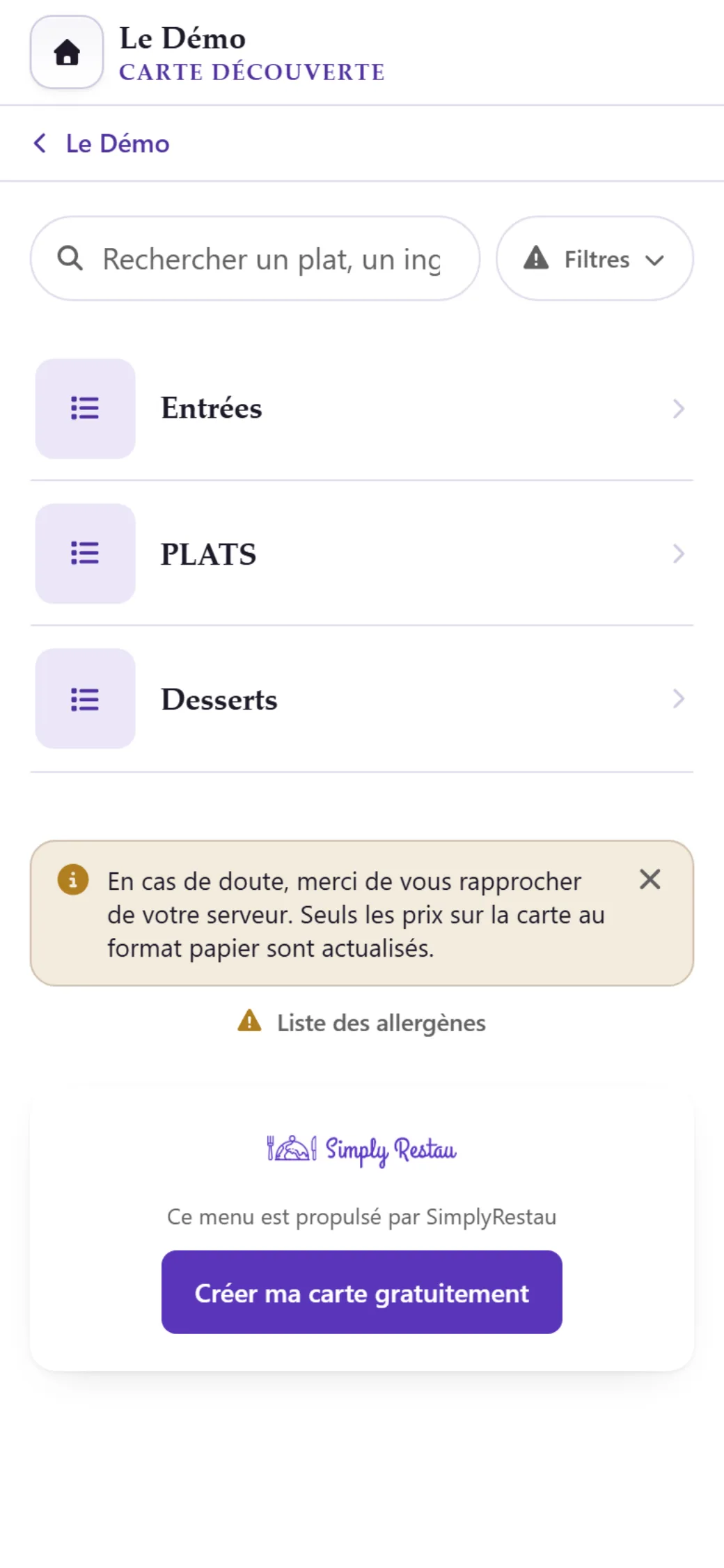 Carte digitale SimplyRestau affichée sur un téléphone